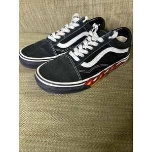 VANS Youth Junior Size 6 Black Suede Red Flames‎ Sneakers